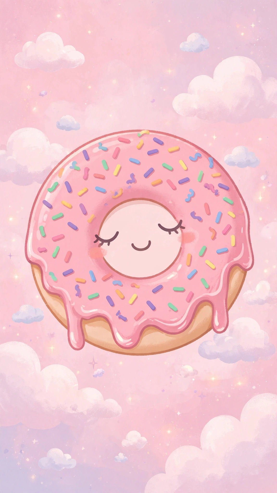 Kawaii donut wallpaper: large donut floating among clouds on pink