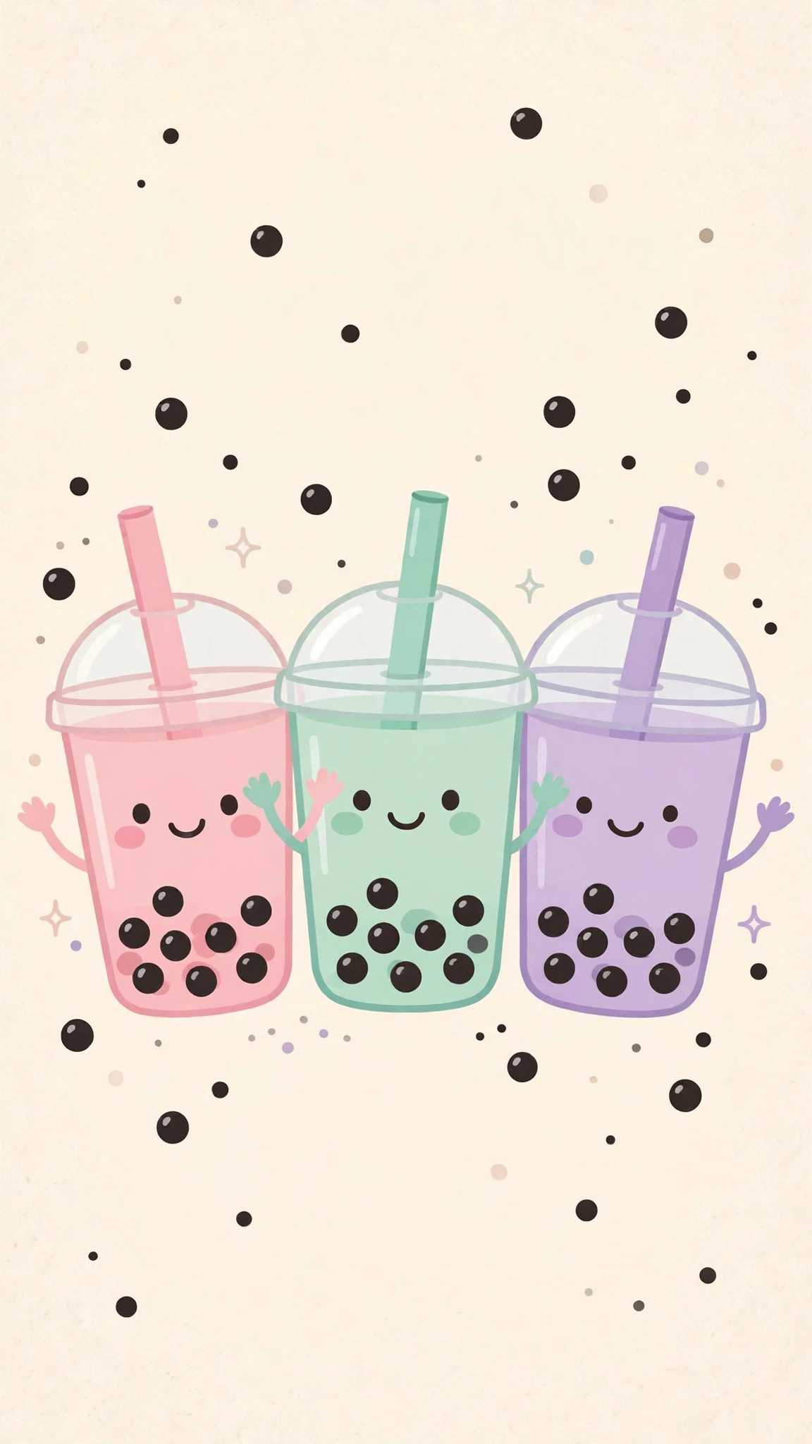Kawaii boba wallpaper: three waving boba cups on cream