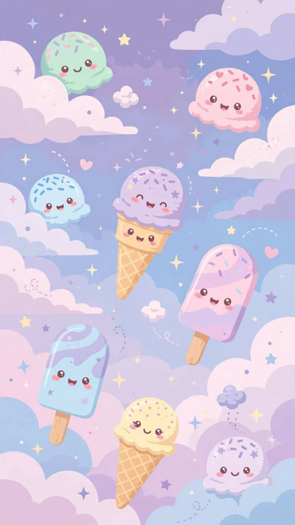 Kawaii ice cream wallpaper: ice cream scoops and popsicles floating in dreamy clouds