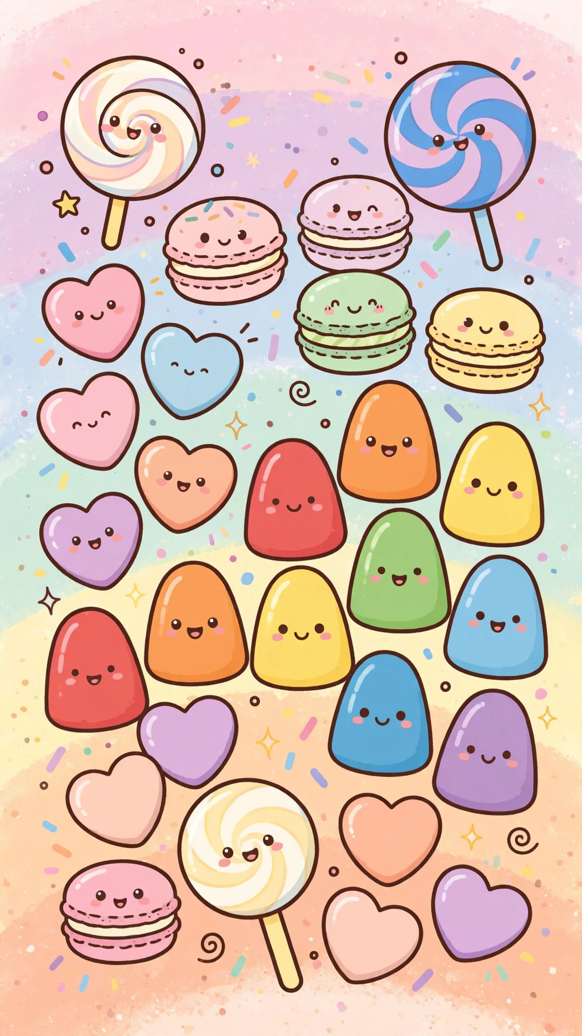 Kawaii candy wallpaper: collage of lollipops, macarons and candy hearts