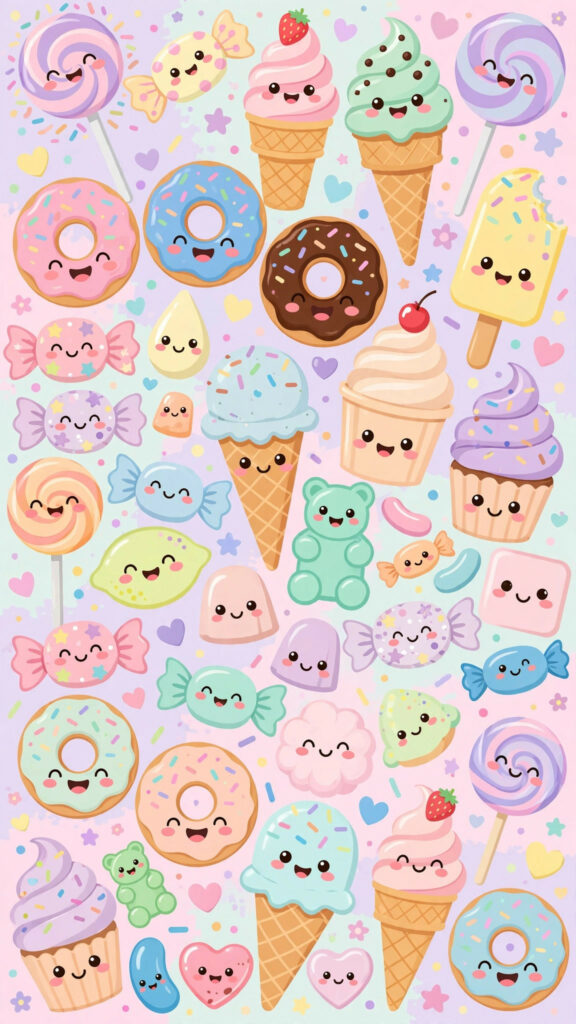 Kawaii candy wallpaper: full-frame busy candy collage