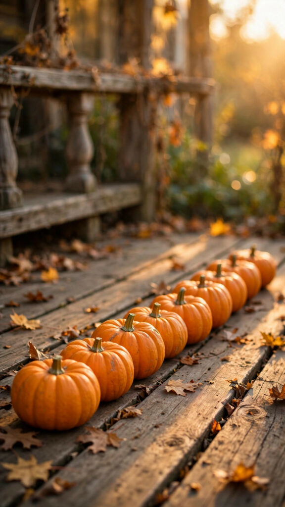 Baby pumpkins on a rustic wooden porch at golden hour
