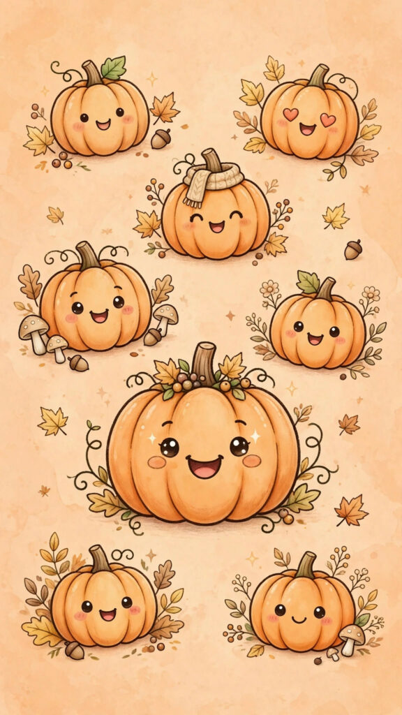 Kawaii cartoon pumpkins with smiling faces