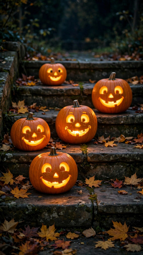 Glowing jack-o'-lanterns on stone steps at night