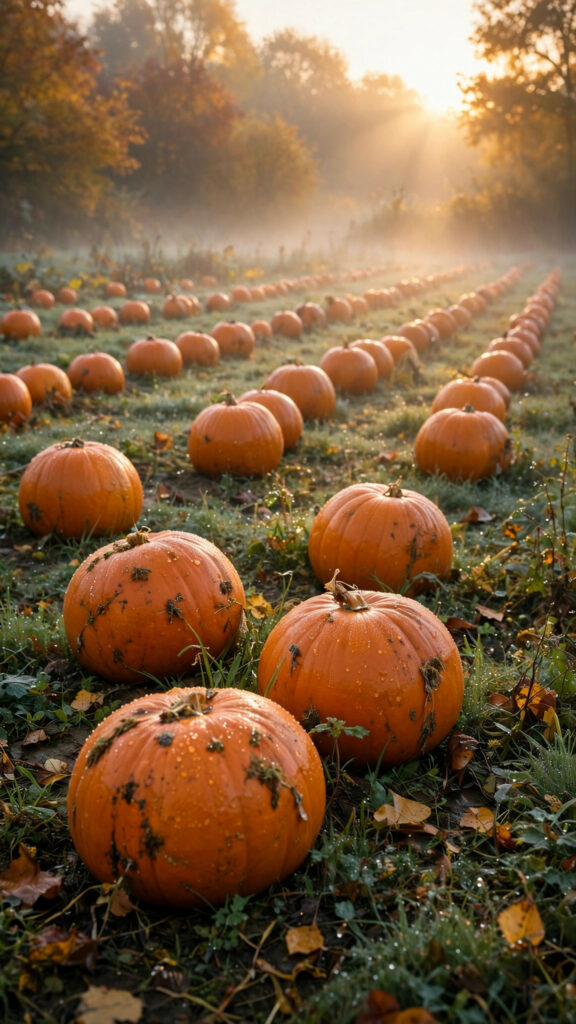 Pumpkin patch at golden hour, soft mist