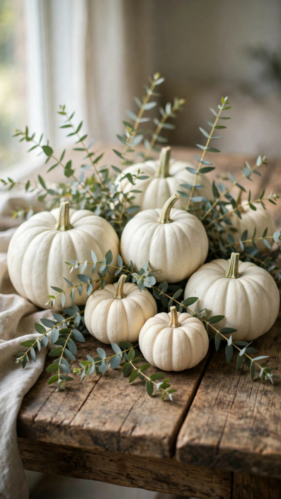 White pumpkins with eucalyptus on rustic table