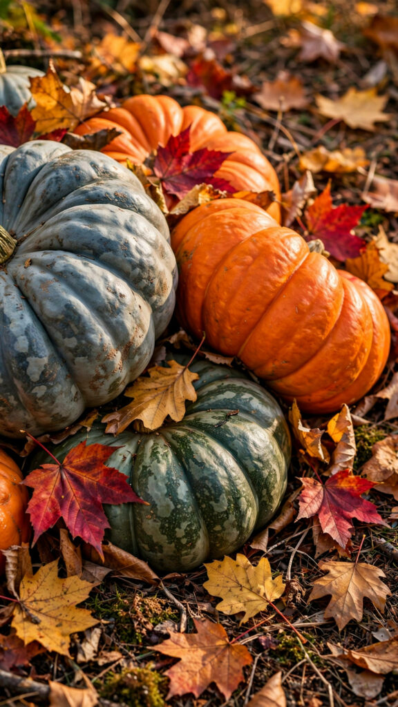 Colourful heirloom pumpkins in fallen autumn leaves