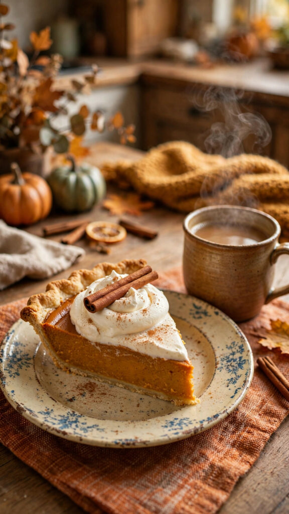 Pumpkin pie slice with whipped cream and cinnamon