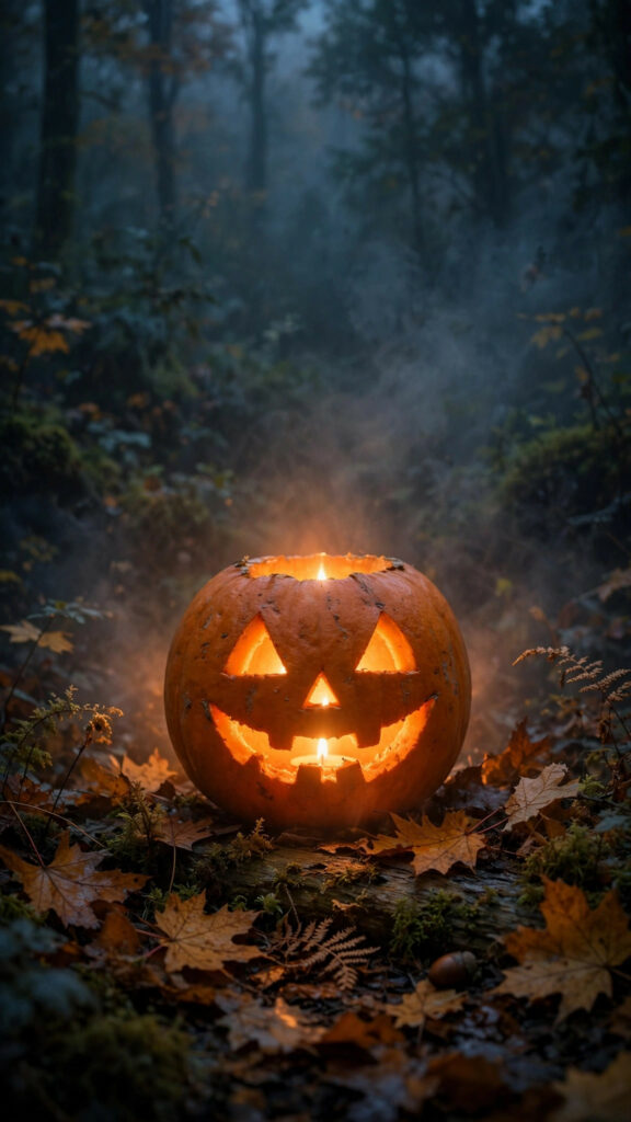 Pumpkin lantern glowing in misty dark forest