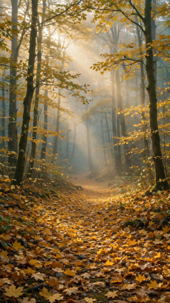 Misty forest path carpeted in golden leaves with sun rays