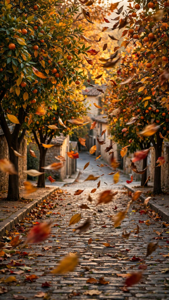 Autumn leaves swirling down cobblestone street