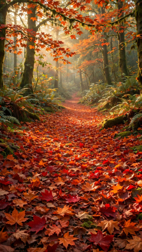 Forest trail carpeted in red/orange leaves, morning light