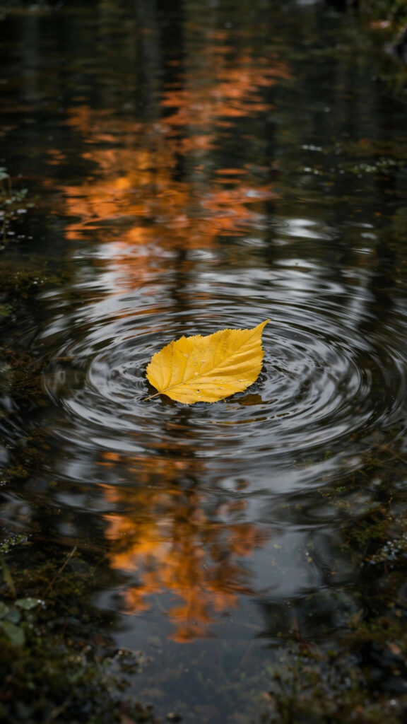 Single yellow leaf floating on rippling pond