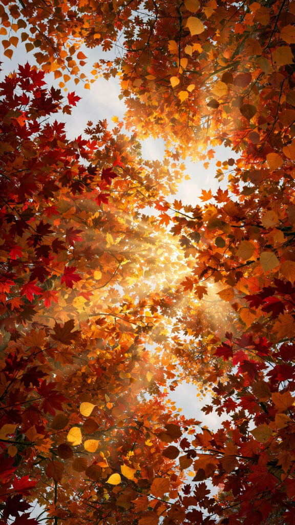 Looking up through orange/crimson autumn canopy