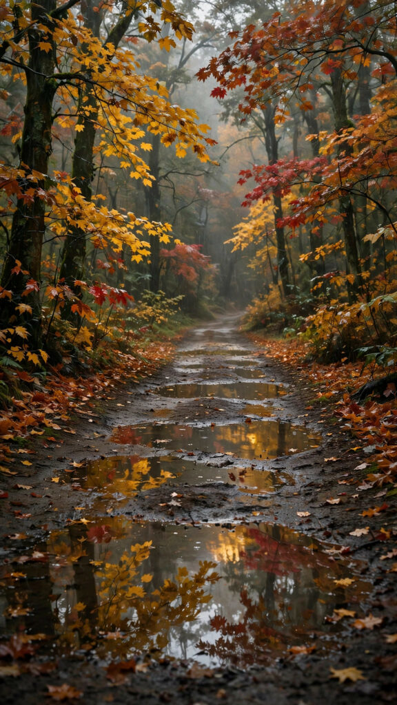 Rainy autumn forest path with puddle reflections