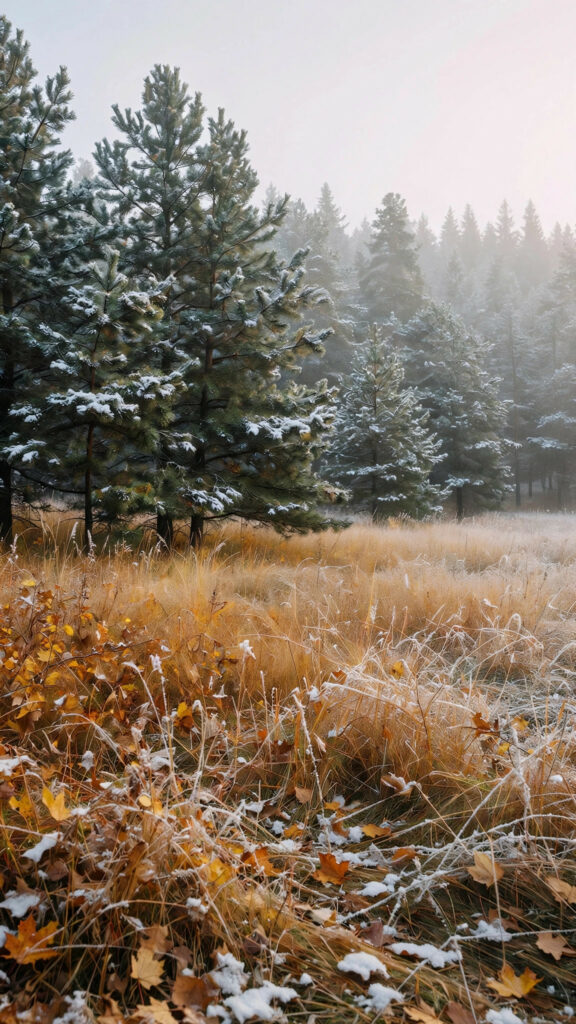 Snow-dusted pines at edge of golden autumn meadow
