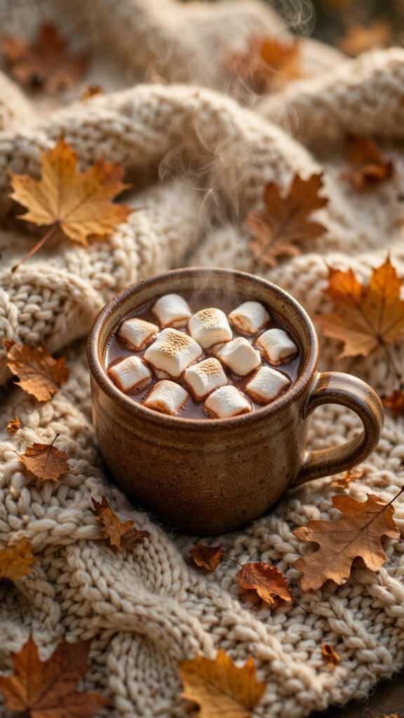 Steaming hot chocolate with marshmallows on knit blanket
