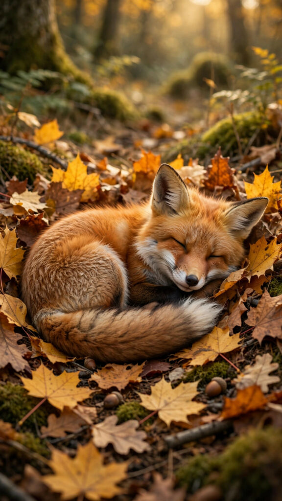 Red fox curled up asleep in golden leaves