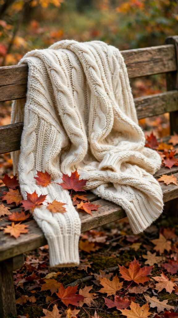 Chunky cream knit sweater on wooden bench with leaves