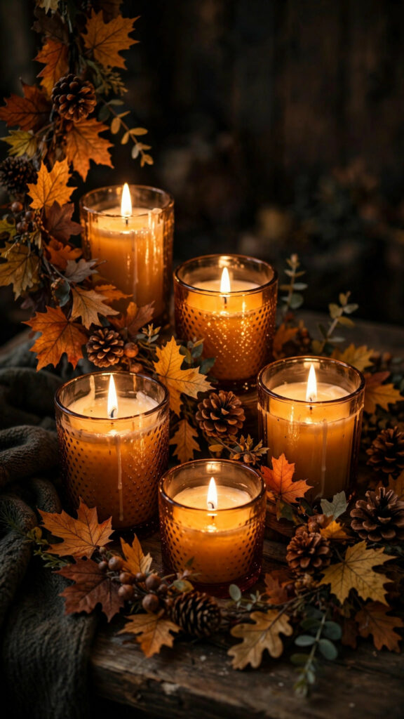 Lit candles in amber glass with autumn leaf garland