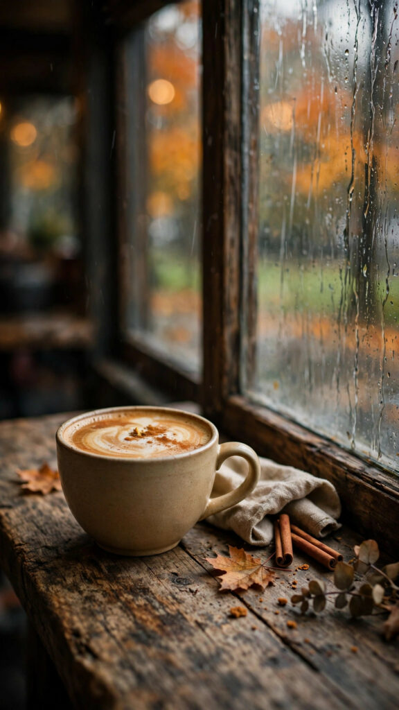Pumpkin spice latte beside rain-streaked window