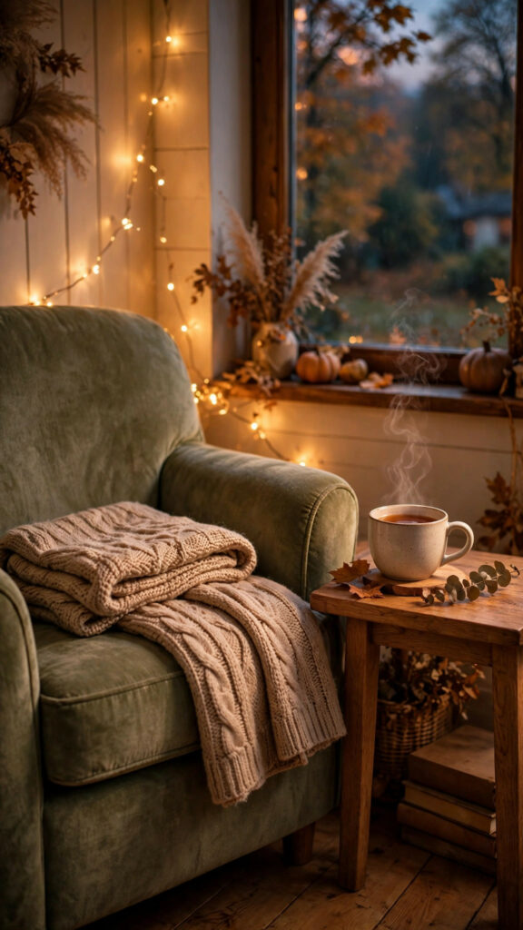 Cosy reading nook with armchair, fairy lights, tea