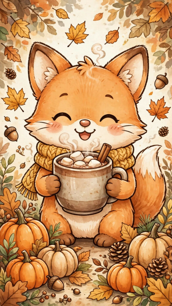 Kawaii cartoon fox drinking hot cocoa