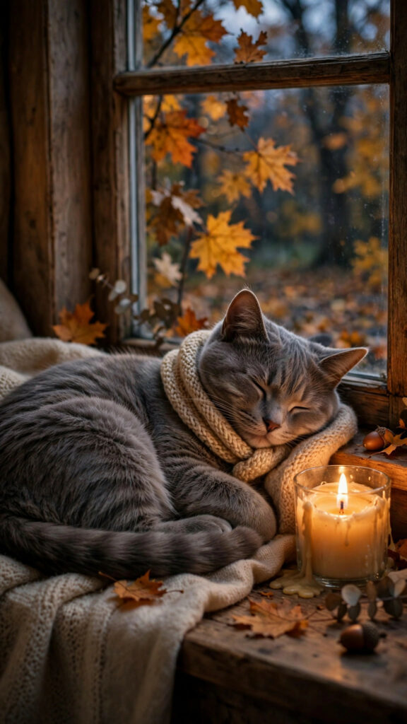 Sleepy cat in knitted scarf beside glowing candle