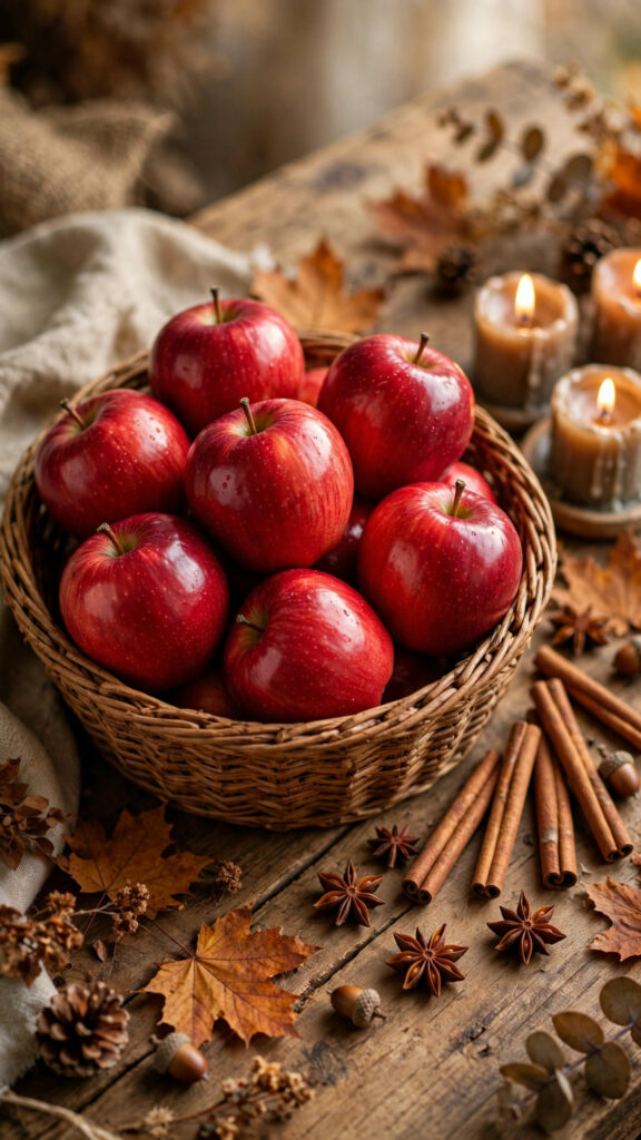Basket of red apples with cinnamon and candles