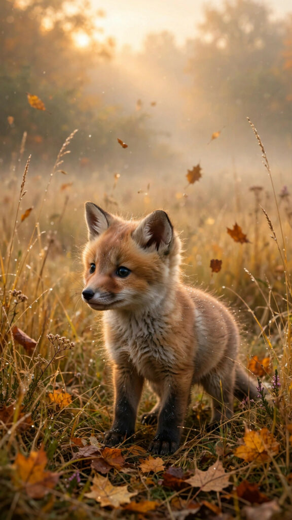 Fox cub in misty autumn meadow at sunrise