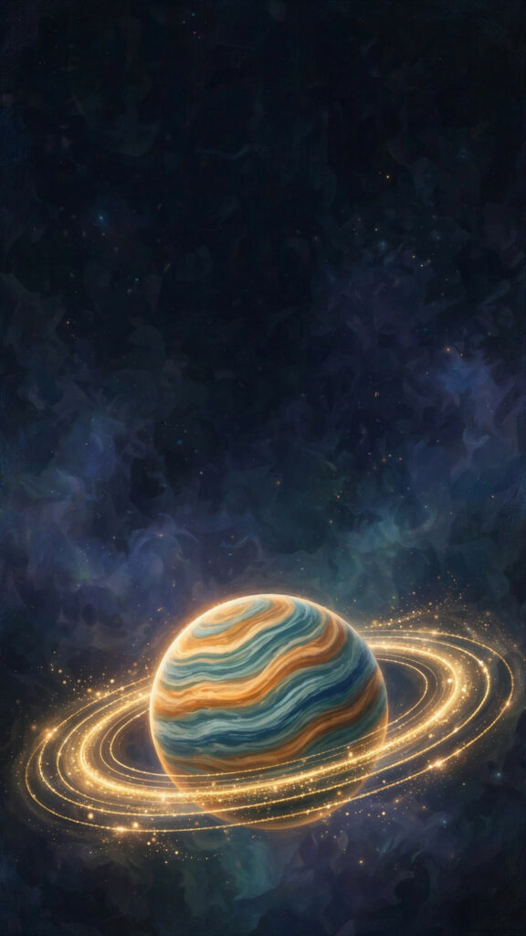 Ringed planet floating in dark space phone wallpaper