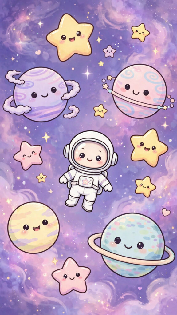 Cute cartoon astronaut floating among stars phone wallpaper