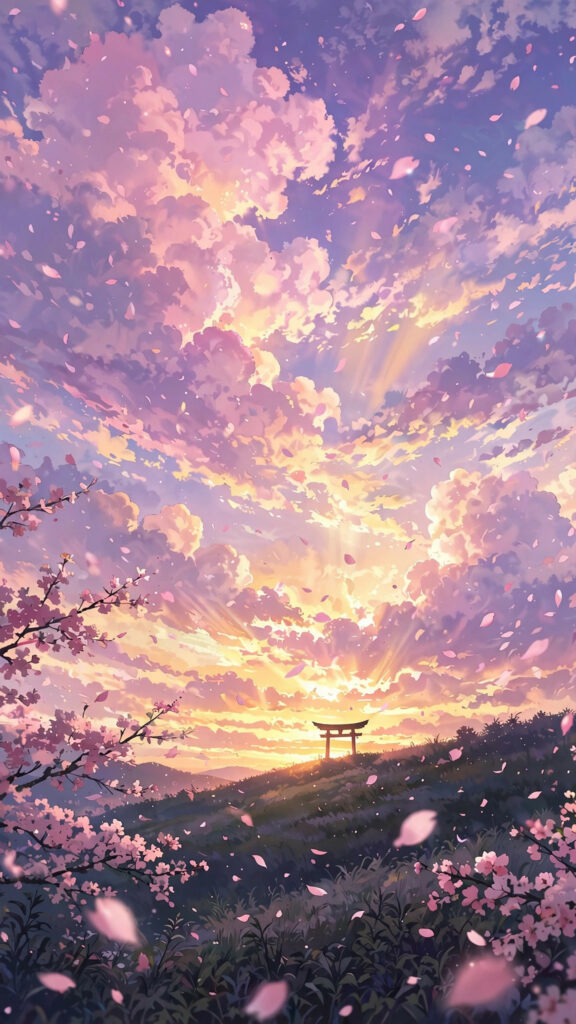 Anime-style sunset sky with drifting cherry blossom petals