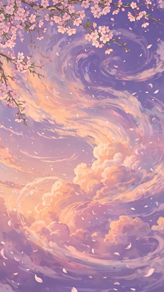 Cotton-candy anime clouds over cherry blossom trees