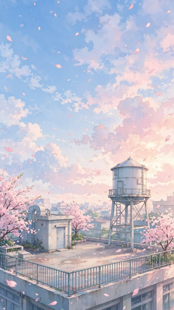 Pastel anime sunset with cherry blossom branches