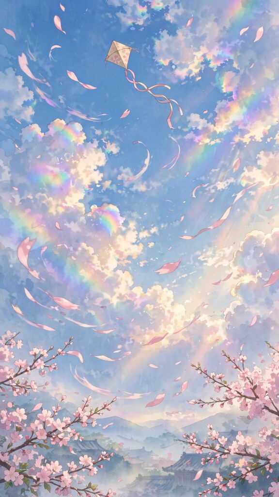 Soft anime sky with falling sakura petals