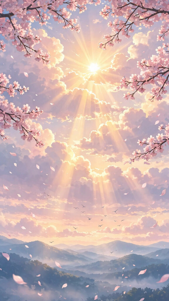Vibrant anime sunset behind cherry blossom trees