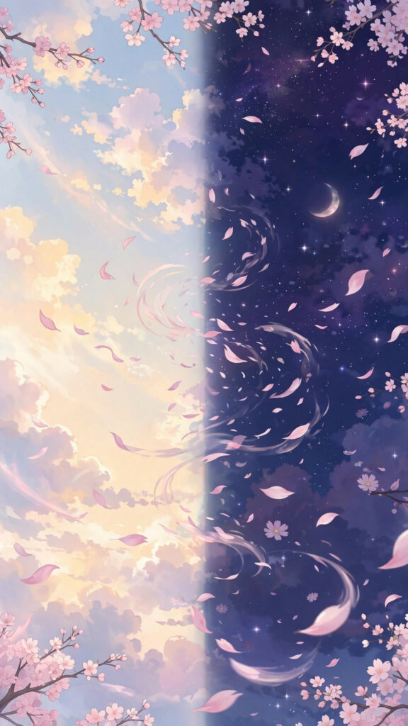 Tranquil anime sky with cherry blossoms in bloom