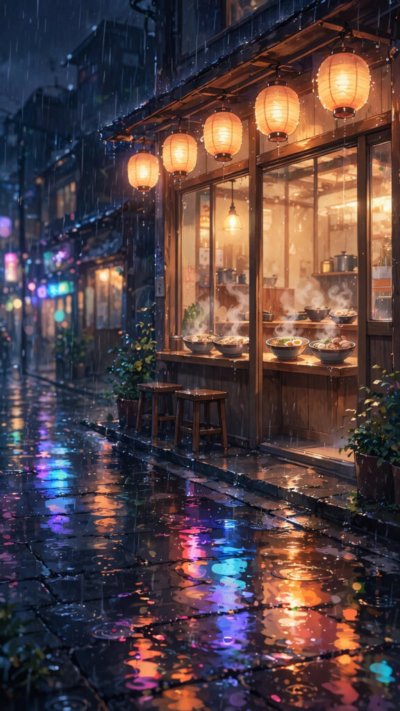 Glowing anime ramen shop on a rainy night street