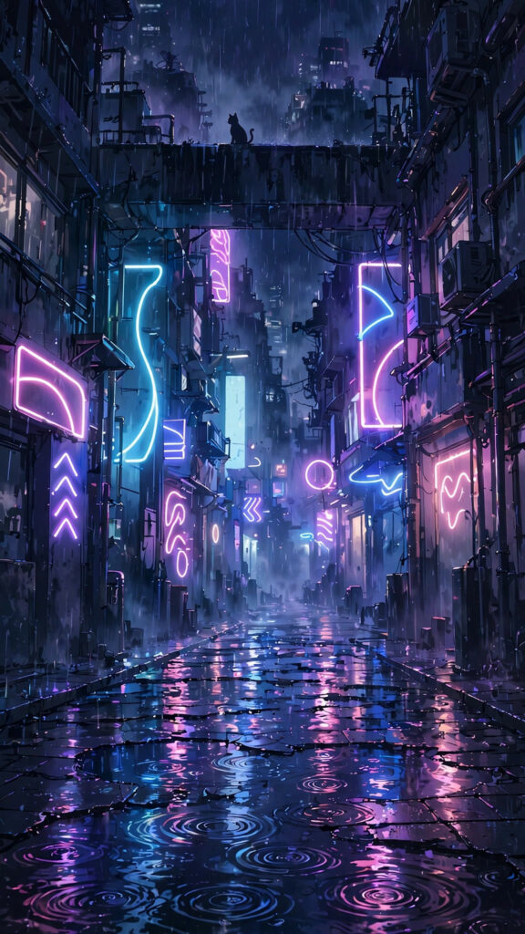 Neon-lit anime city street with reflections