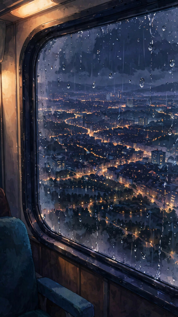Anime train window view over a sleeping city