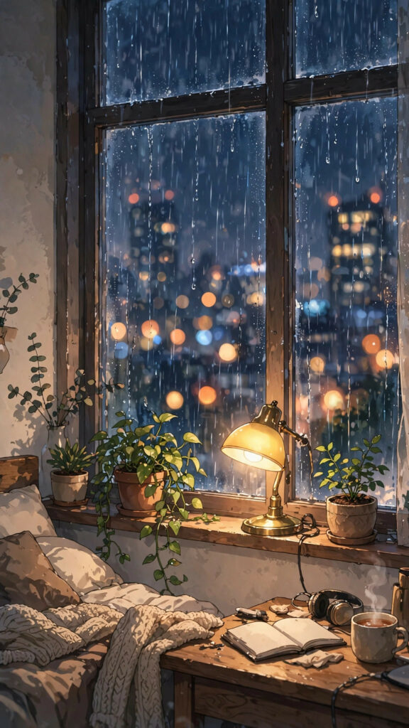 Cozy anime night scene with glowing shop signs