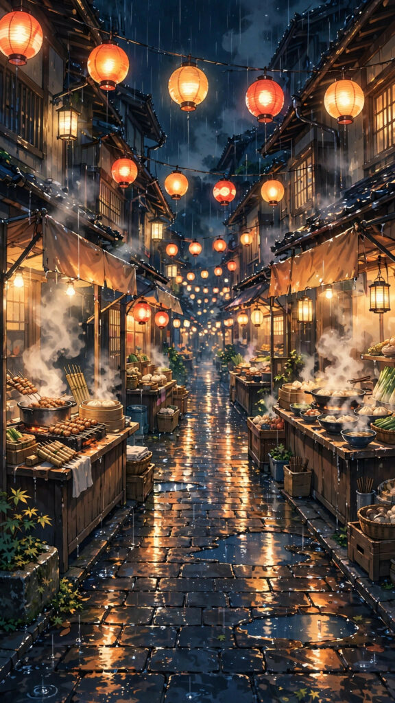 Anime night street with warm glowing lanterns