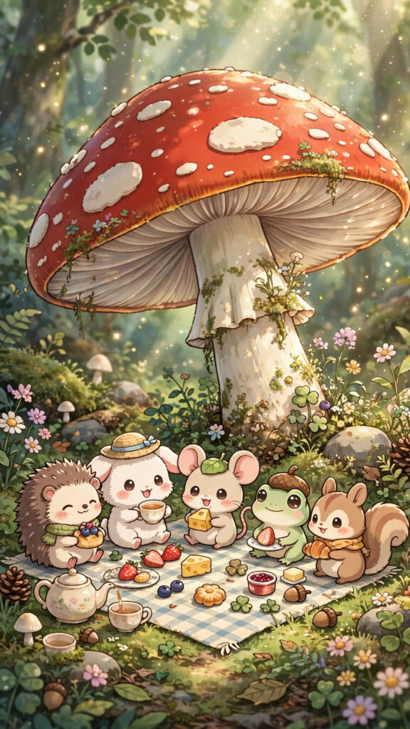 Chibi-style animals in a flower field