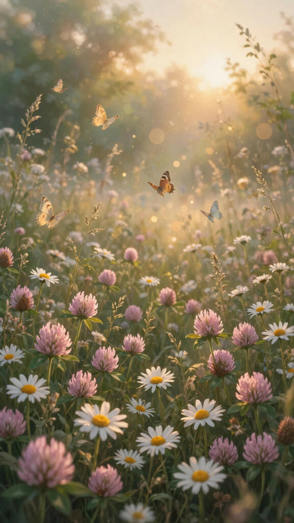 Wildflower meadow at golden hour with daisies
