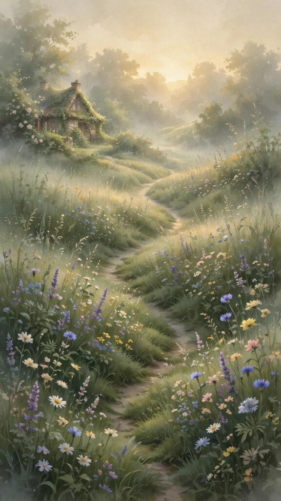 Wildflower field glowing in warm sunset light