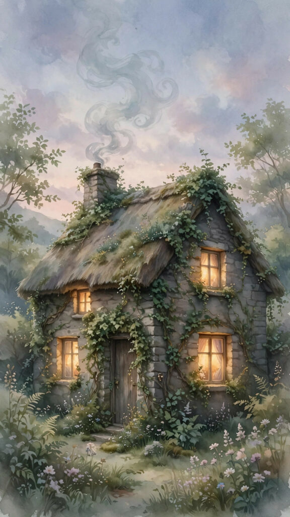 Stone cottage wrapped in ivy with roses