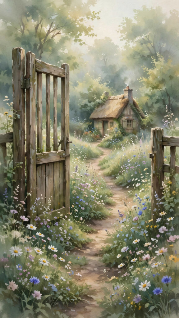 Garden gate half-open to a winding path