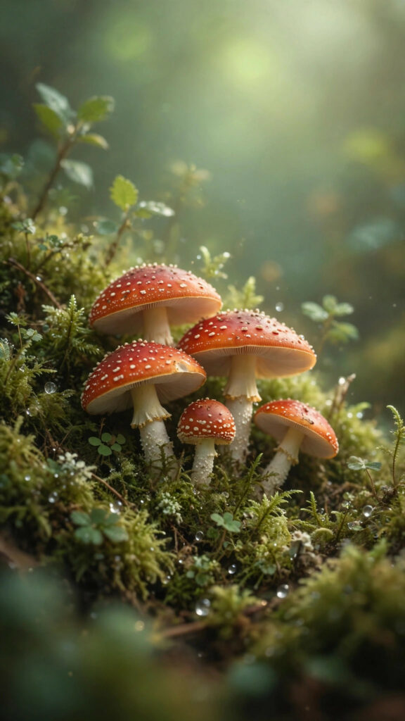 Red-capped mushrooms in mossy forest light