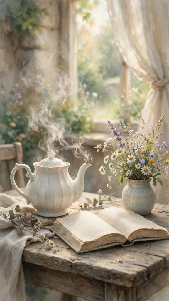 Porcelain teapot with steam beside an open book